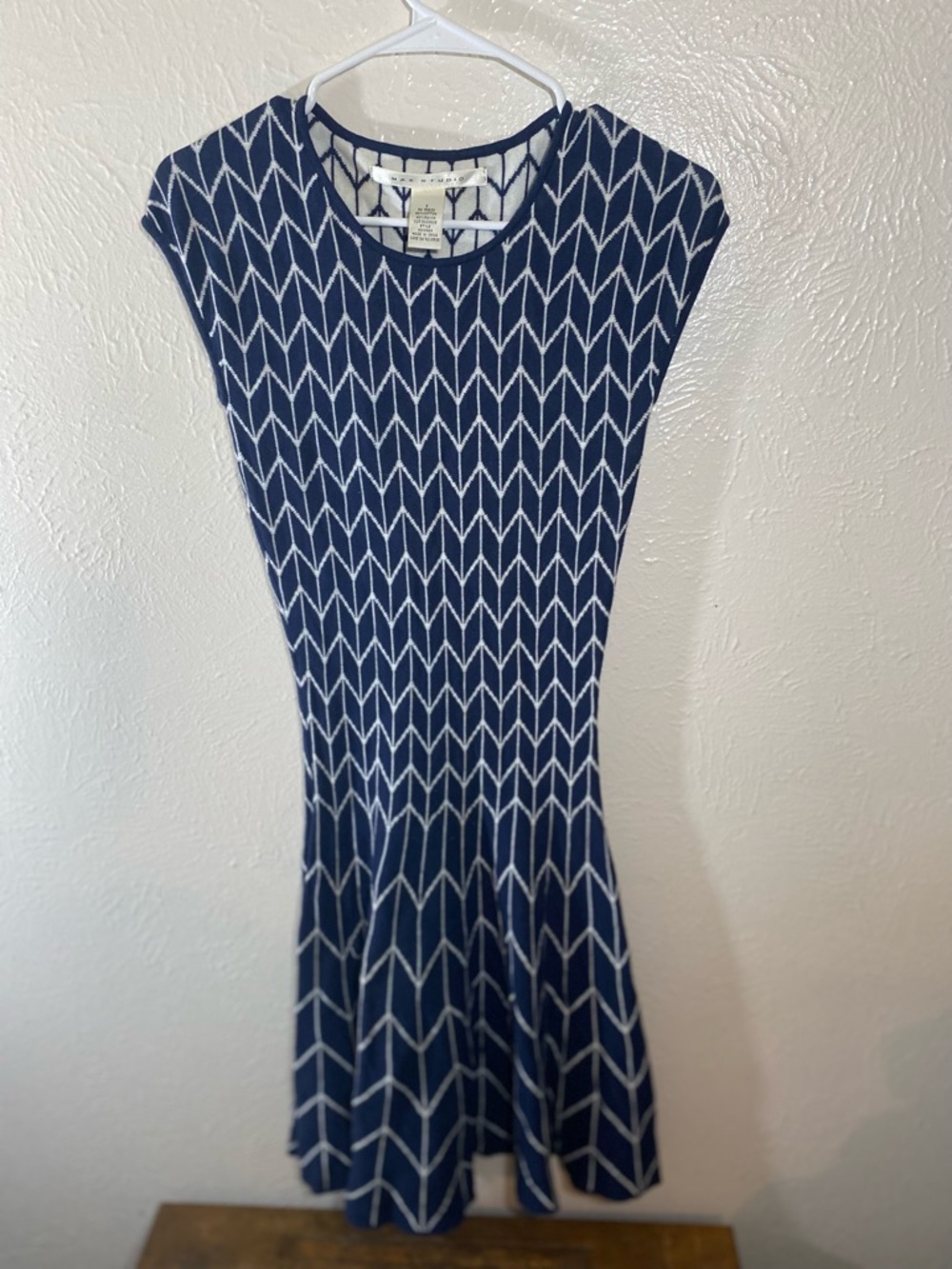 Max Studio Navy and White Chevron Knit Midi Dress